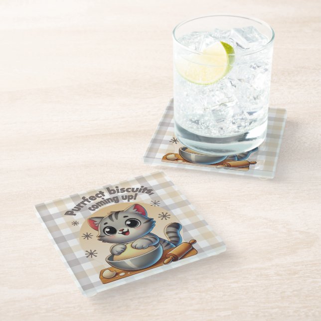 "Purrfect biscuits, coming up" Kneading Cat Glass Coaster (Angled)