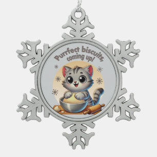 "Purrfect biscuits, coming up" Kneading Cat Snowflake Pewter Christmas Ornament