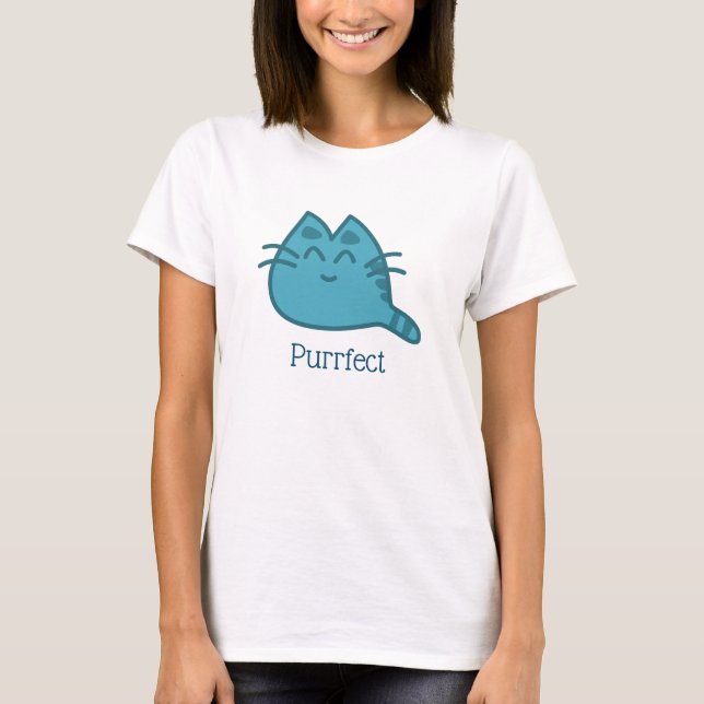 Purrfect Blue Smiling Kitty Cat T-Shirt (Front)