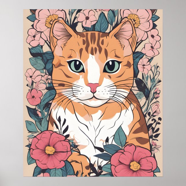 Purrfect Cat Feline Floral Art, Cat Flowers Art Poster (Front)