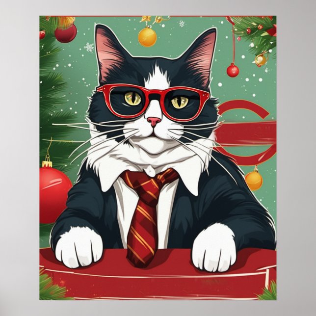 Purrfect Cat in Suit Funny Digital Art, Christmas  Poster (Front)