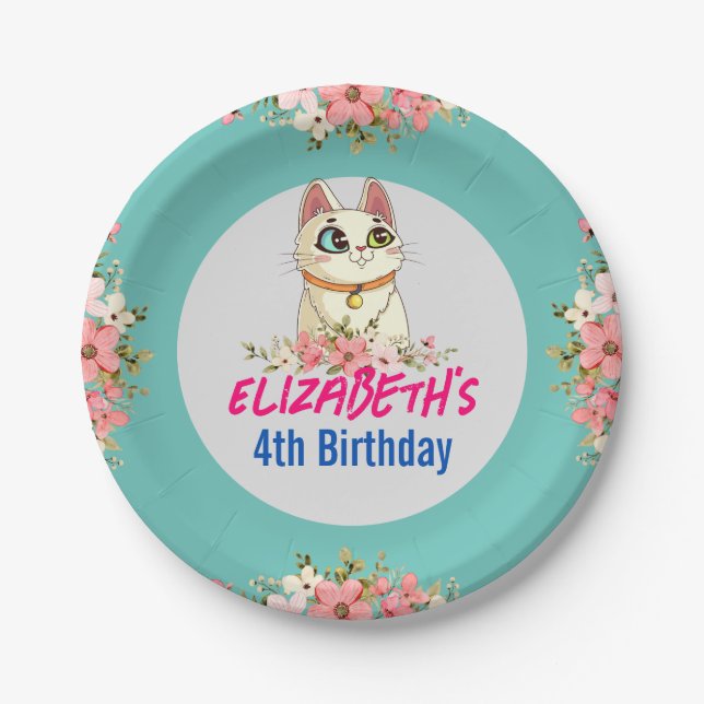Purrfect Cat Kitten Kid Birthday Celebration Paper Plate (Front)