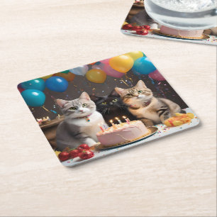 Purrfect Celebration: A Cat's Birthday Party Cake Square Paper Coaster