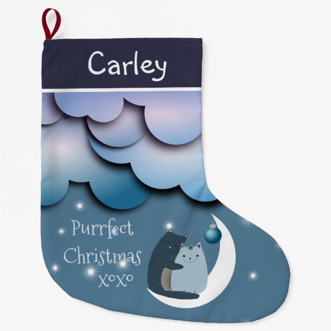 Purrfect Christmas Cats on Moon Personalised Large Christmas Stocking (Front)