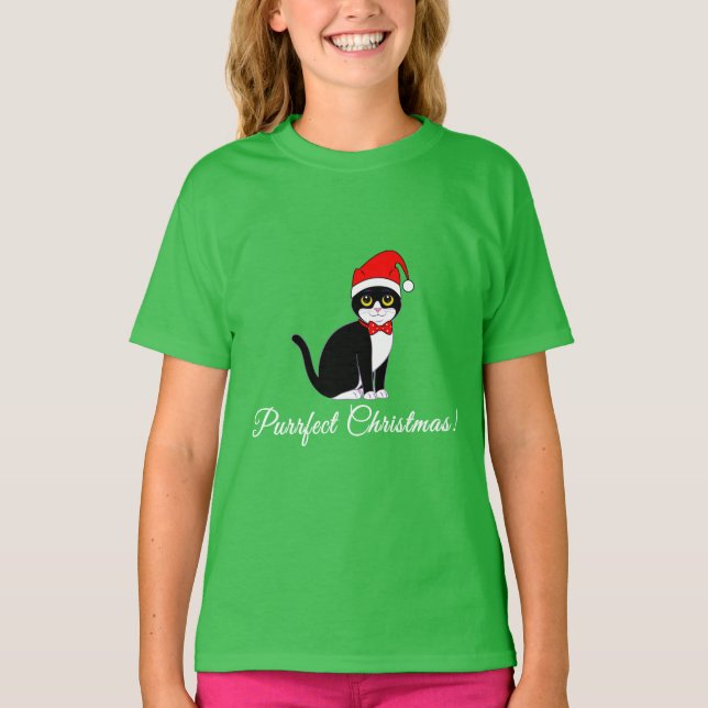 Purrfect Christmas Tuxedo Cat in Santa Hat T-Shirt (Front)