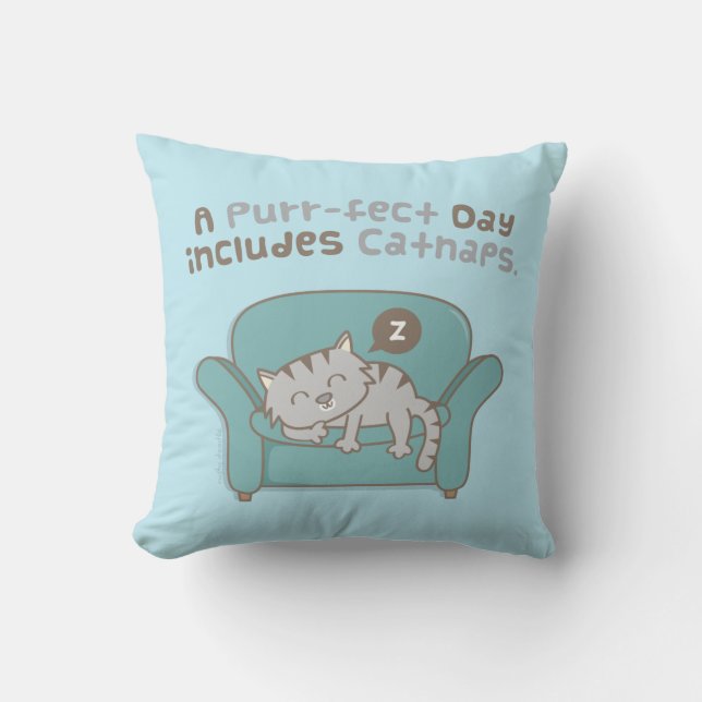 Purrfect Day with Catnaps Cat Pun Humour Pillow (Front)
