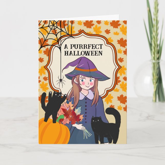 Purrfect Halloween Cute Witch with Cats and Spider Card (Front)
