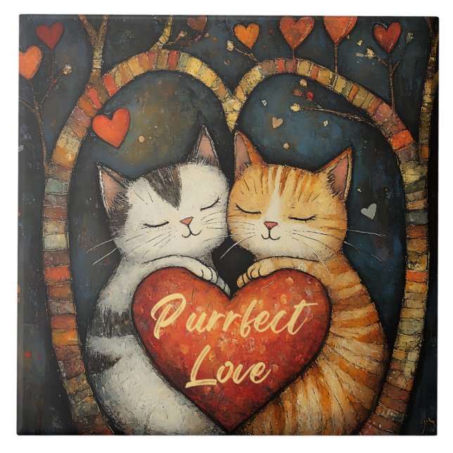 Purrfect Love A Cosy Cat Embrace Artwork  Ceramic Tile (Front)