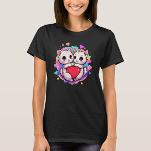 Purrfect Love: Kawaii Couple Cats with Heart T-Shirt