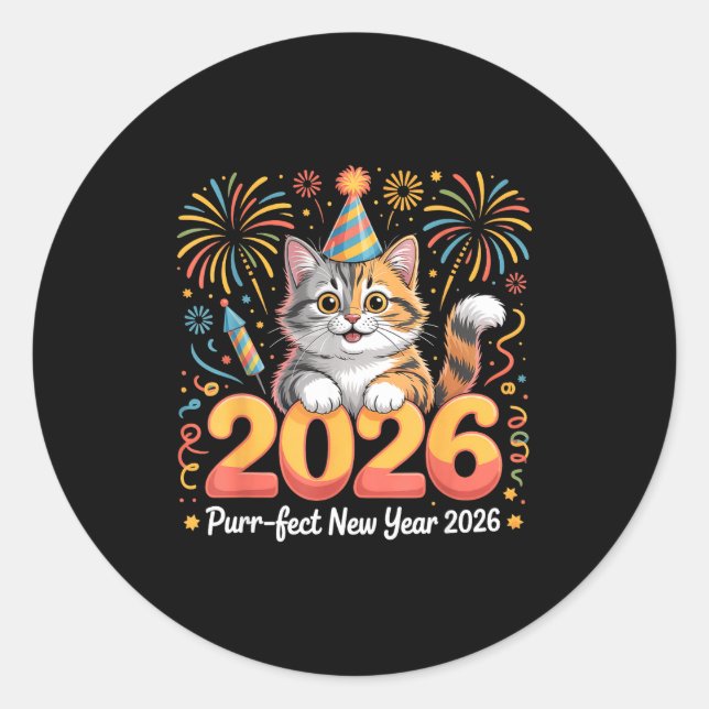 Purrfect New Year 2026 Cute Cat Fireworks Celebrat Classic Round Sticker (Front)