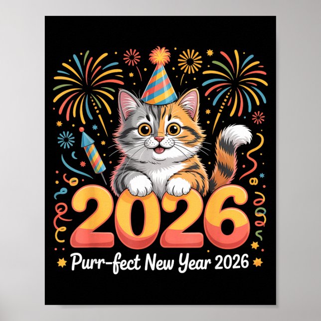 Purrfect New Year 2026 Cute Cat Fireworks Celebrat Poster (Front)