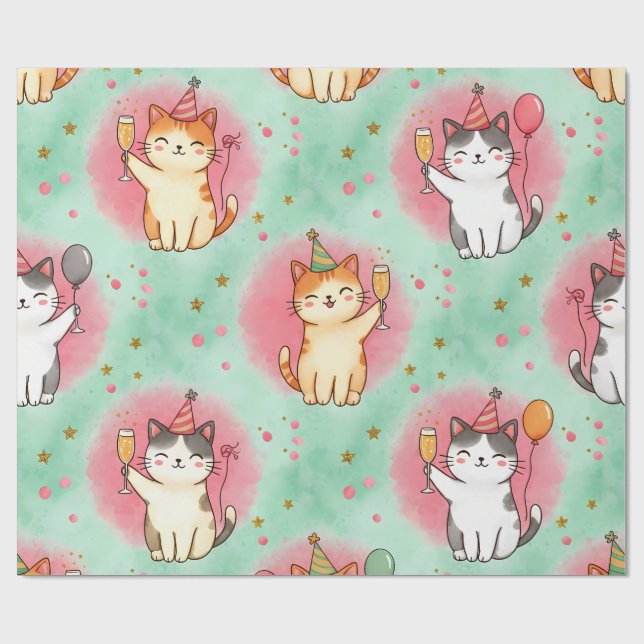 Purrfect Party Cats – Festive Celebration Pattern Wrapping Paper (Flat)
