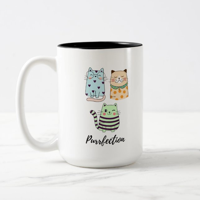 Purrfection Cute Kawaii Pattern Cats Art Two-Tone Coffee Mug (Left)