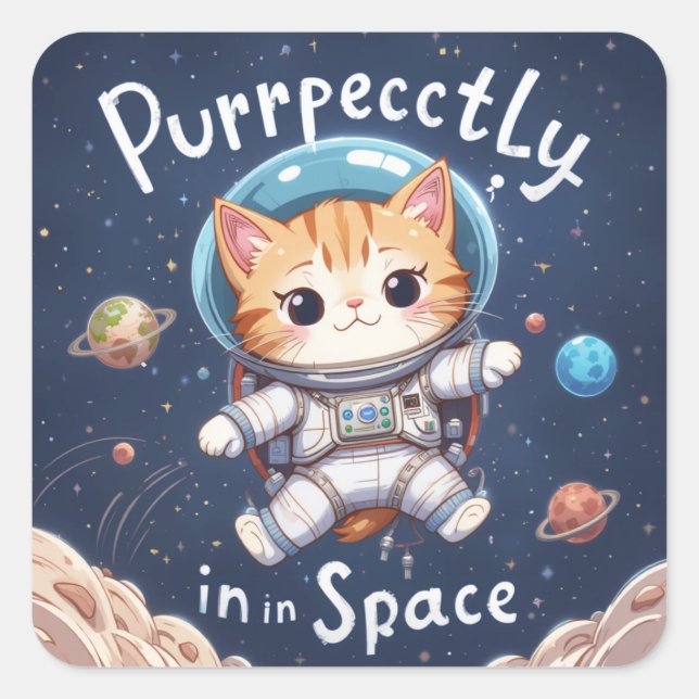 Purrfectly in Space Cat Astronaut Cute Kawaii Square Sticker (Front)