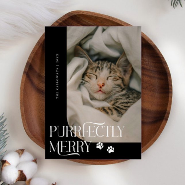 Purrfectly Merry Cat Photo Black Christmas Holiday Card (Creator Uploaded)