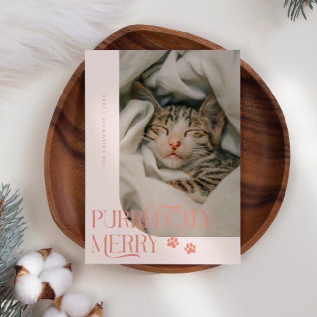 Purrfectly Merry Cat Photo Peach Christmas Holiday Card (Creator Uploaded)