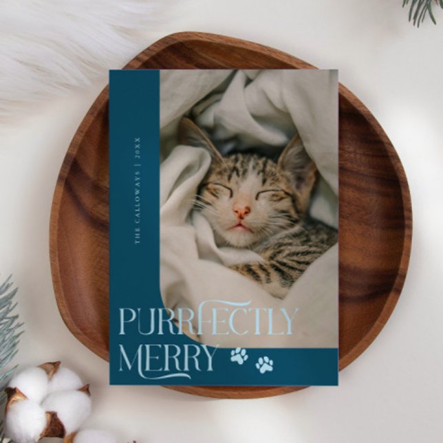 Purrfectly Merry Cat Photo Teal Christmas Holiday Card (Creator Uploaded)