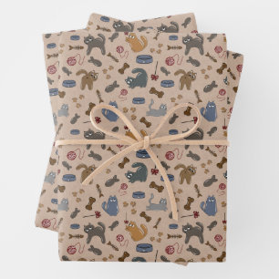 Purrfectly Playful Cats on Brown Background Wrapping Paper Sheet