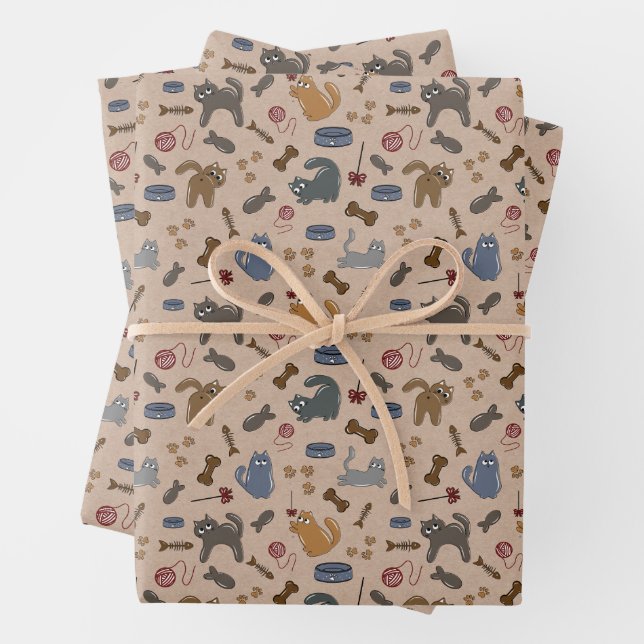 Purrfectly Playful Cats on Brown Background Wrapping Paper Sheet (In situ)