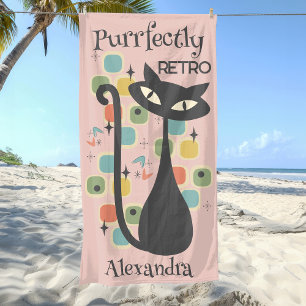 Purrfectly Retro Black Cat Mid Century Beach Towel