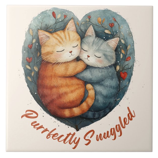 Purrfectly Snuggled Kittens Cuddling Artwork Ceramic Tile (Front)