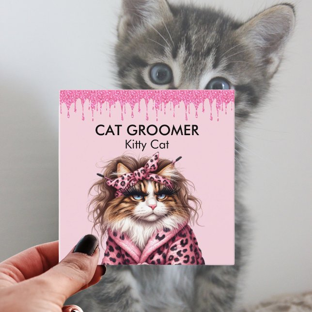Purrferct Cat Groomer Sitter Pink Glitter Dripping Square Business Card (Creator Uploaded)