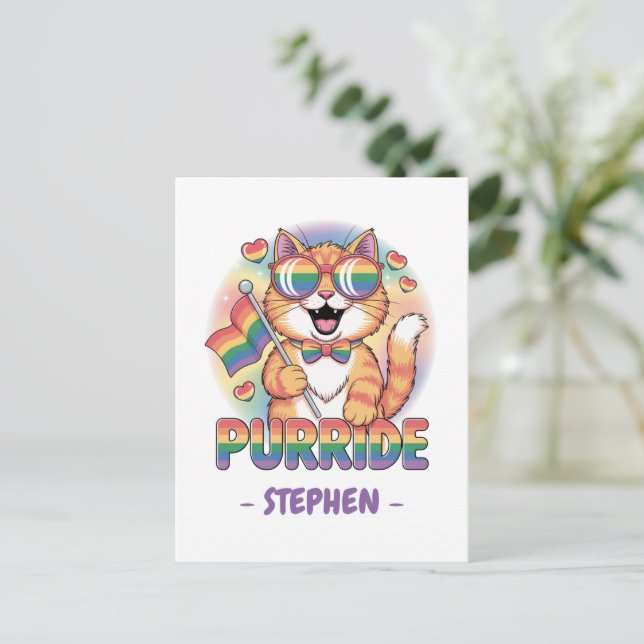 Purride – Orange Cat with Pride LGBTQ Flag Postcard (Standing Front)