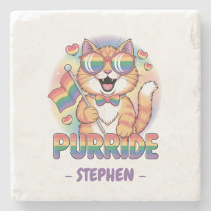 Purride – Orange Cat with Pride LGBTQ Flag Stone Coaster