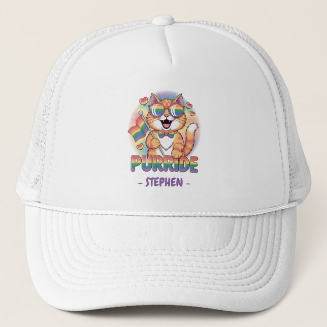 Purride – Orange Cat with Pride LGBTQ Flag Trucker Hat (Front)