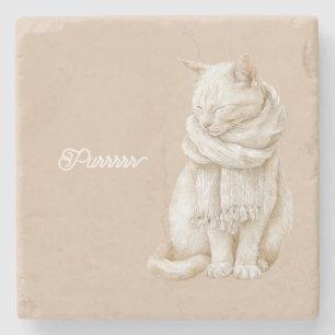 Purring Cream White Cat Stone Coaster