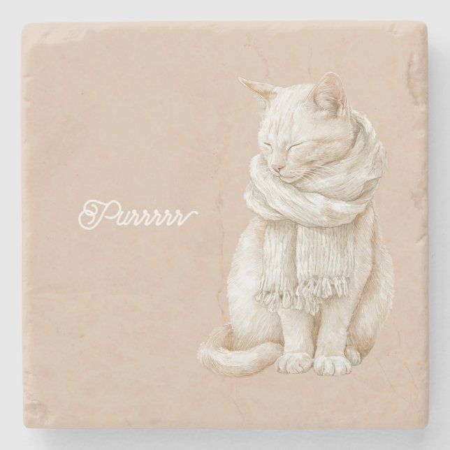 Purring Cream White Cat Stone Coaster (Front)