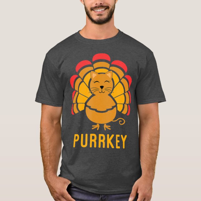 Purrkey Turkey Cat Pun Funny Thanksgiving Cat T-Shirt (Front)