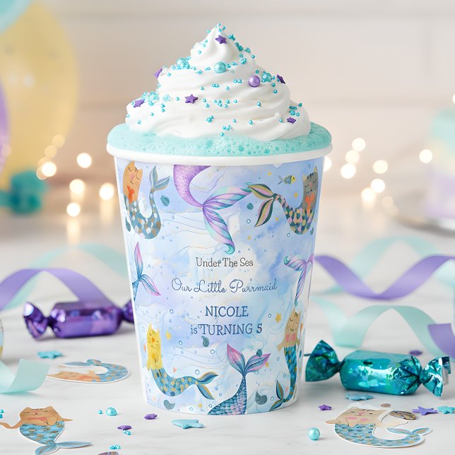 Purrmaid cat mermaid cute girl birthday paper cups (Creator Uploaded)