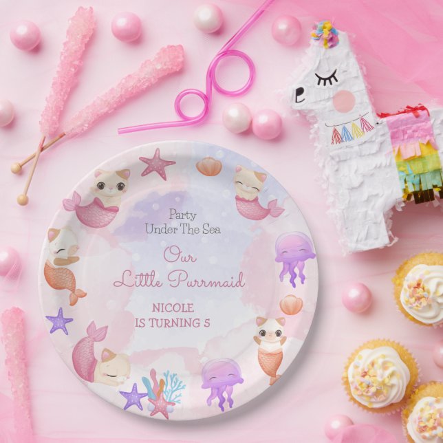 Purrmaid cat mermaid cute girl birthday paper plate (Party)