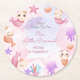 Purrmaid cat mermaid cute girl birthday round paper coaster
