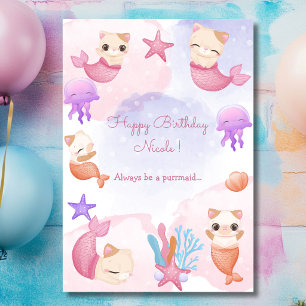 Purrmaid cat mermaid cute girl happy birthday  card