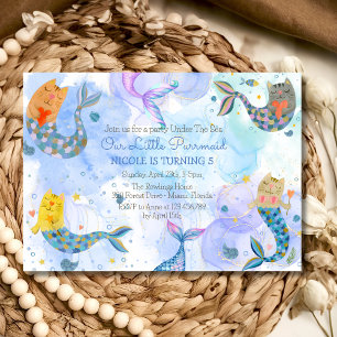 Purrmaid cat mermaid watercolor girl birthday invitation