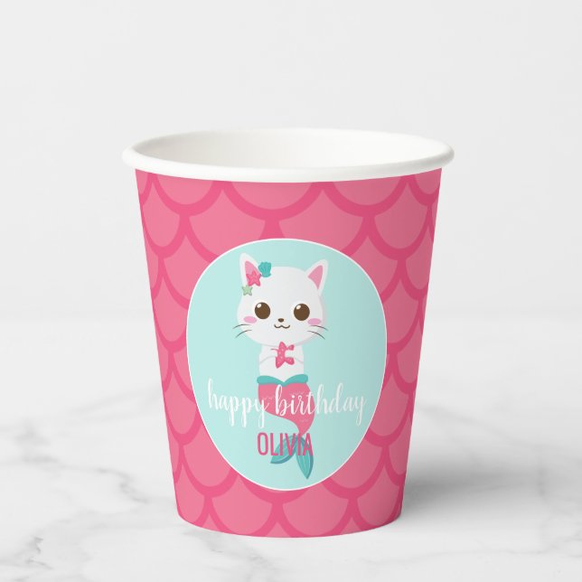 Purrmaid  Kitty Mermaid Pink Scales birthday Party Paper Cups (Front)
