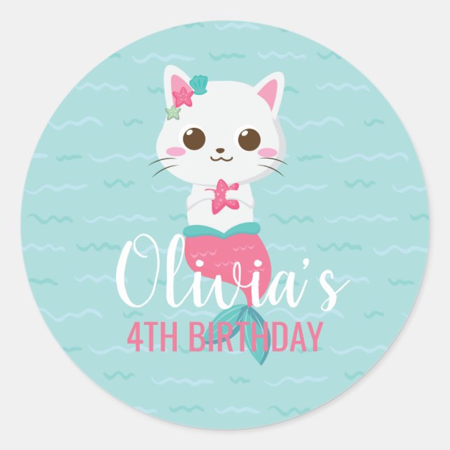 Purrmaid Mermaid Kitty Birthday Party Classic Round Sticker (Front)