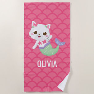 Purrmaid mermaid kitty pink scales personalised beach towel