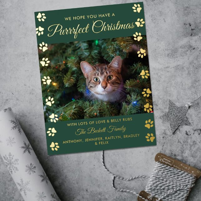Purrrfect Christmas | Cat Photo Real Foil Holiday Postcard (Creator Uploaded)