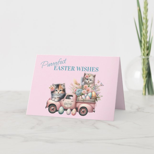 Purrrfect Easter Wishes - Sweet Kittens in Trucks Holiday Card (Front)