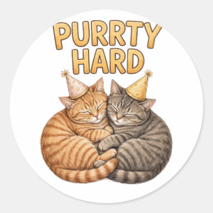 Purrty Hard — Funny Party Cats with Birthday Hats Classic Round Sticker
