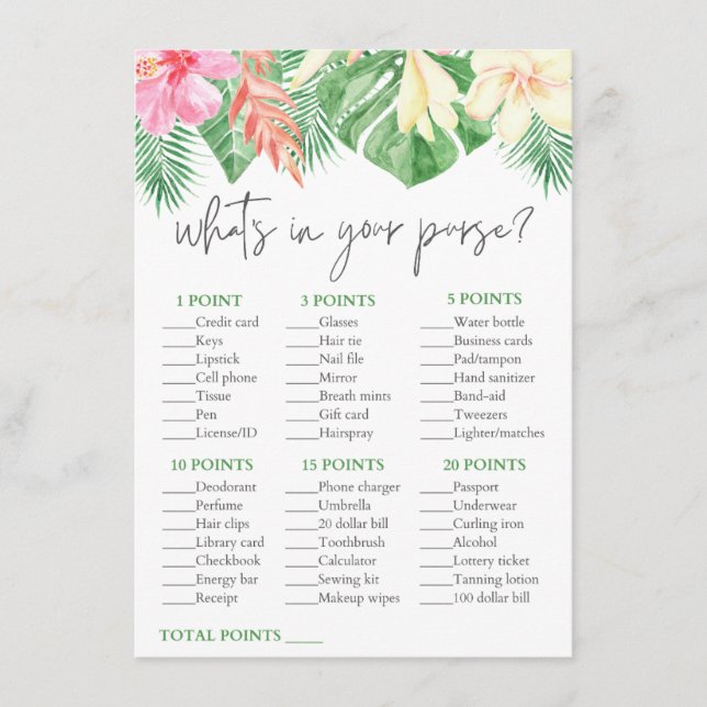 Purse Game Tropical Hawaiian Bridal Shower Game Enclosure Card (Front)