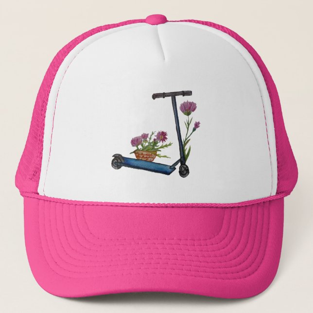 Push Scooter & Flowers Watercolor Art Cap (Front)