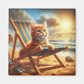 Puss Cat on a beach, sweet cat Magnet