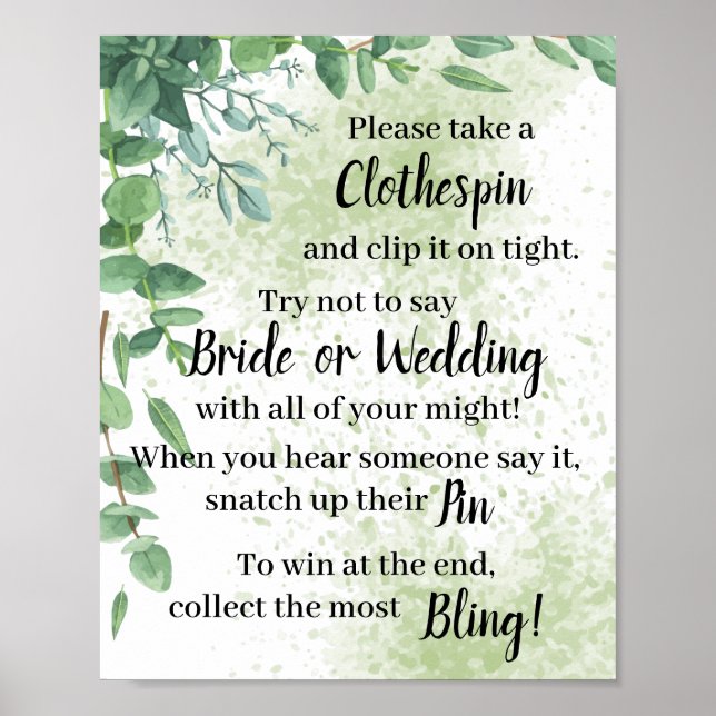 Put a Clothespin Eucalyptus Shower Game Sign (Front)