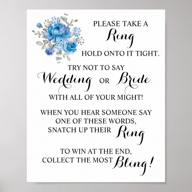 Put a Ring on Blue Flower Bridal Shower Game Sign (Front)