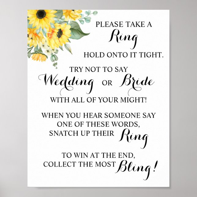 Put a Ring on Sunflowers Bridal Shower Game Sign (Front)