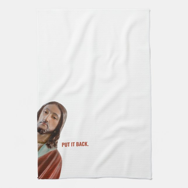 Put It Back Funny Jesus On White background Tea Towel (Vertical)